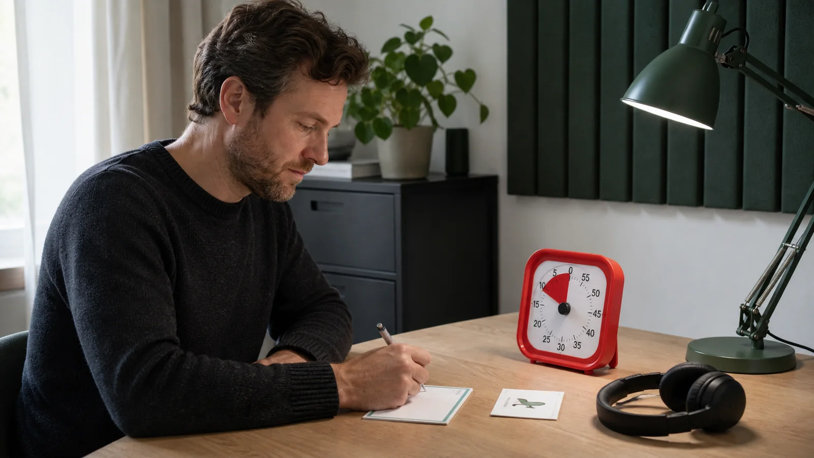 Reduzierter Arbeitsplatz mit einer klaren Aufgabenkarte