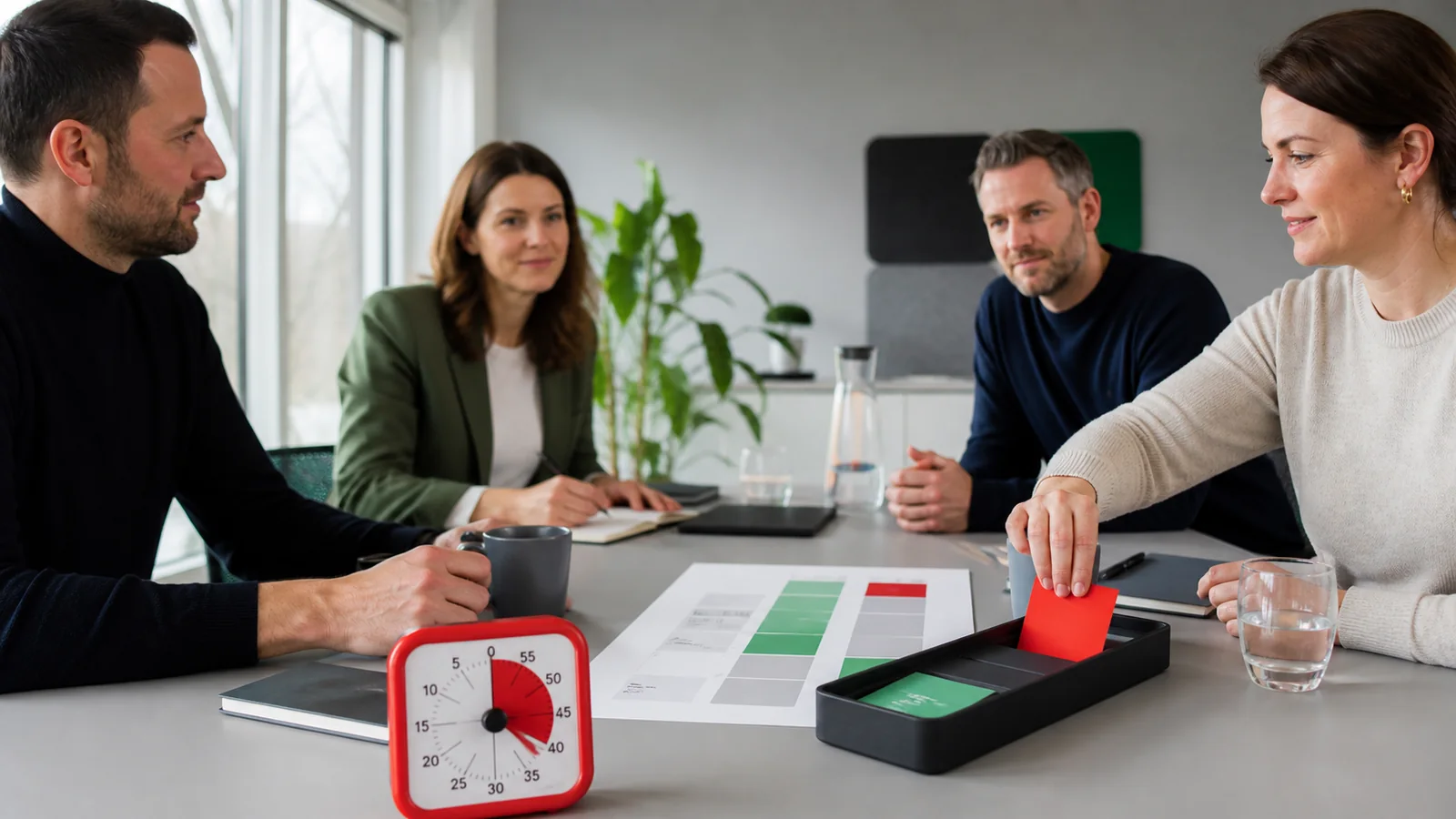 Team bespricht eine klare Agenda mit Zeitlimit