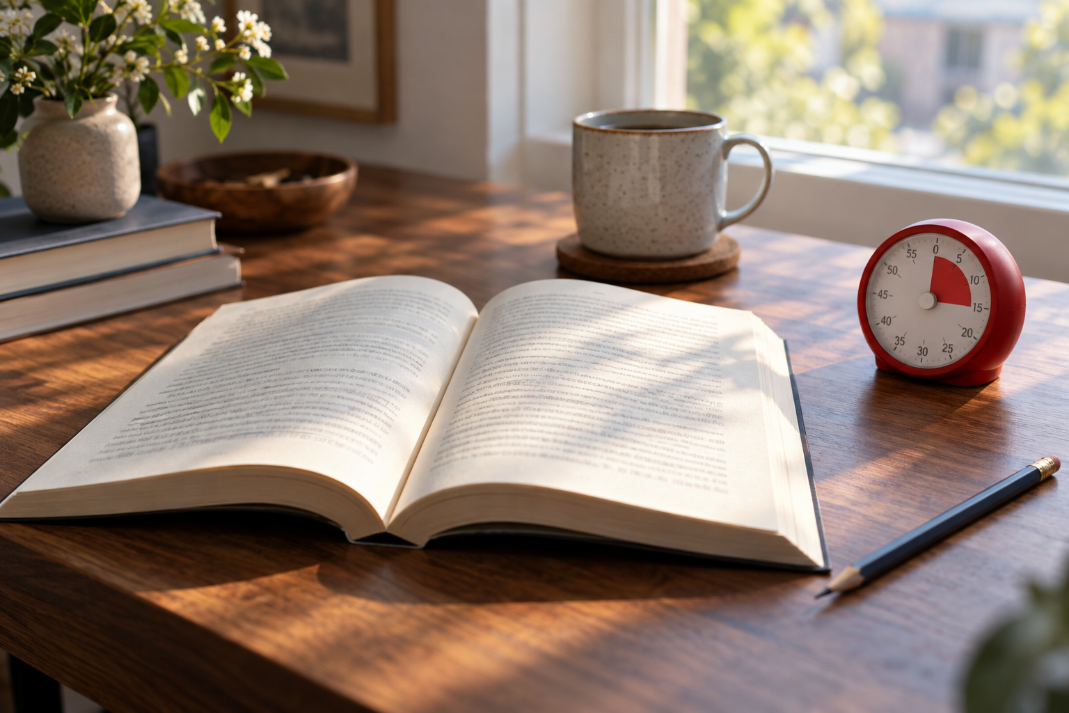Aufgeschlagenes Buch und Timer auf einem Lesetisch