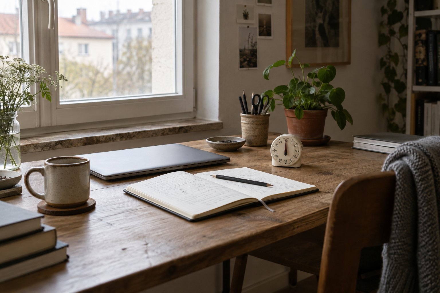 Ruhiger Arbeitsplatz mit Notizbuch und analogem Timer