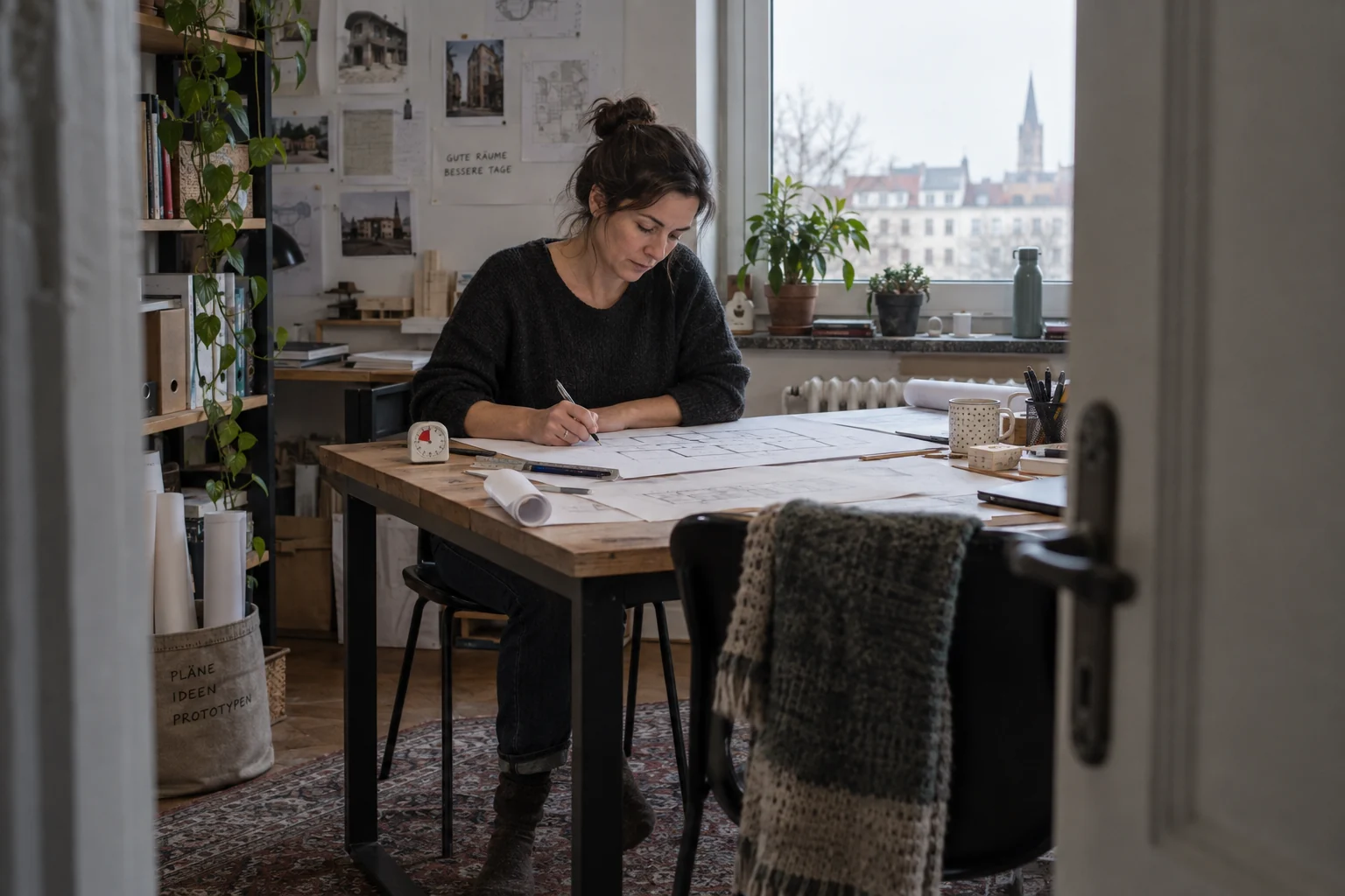 Konzentrierte Arbeit an einem Plan im Atelier