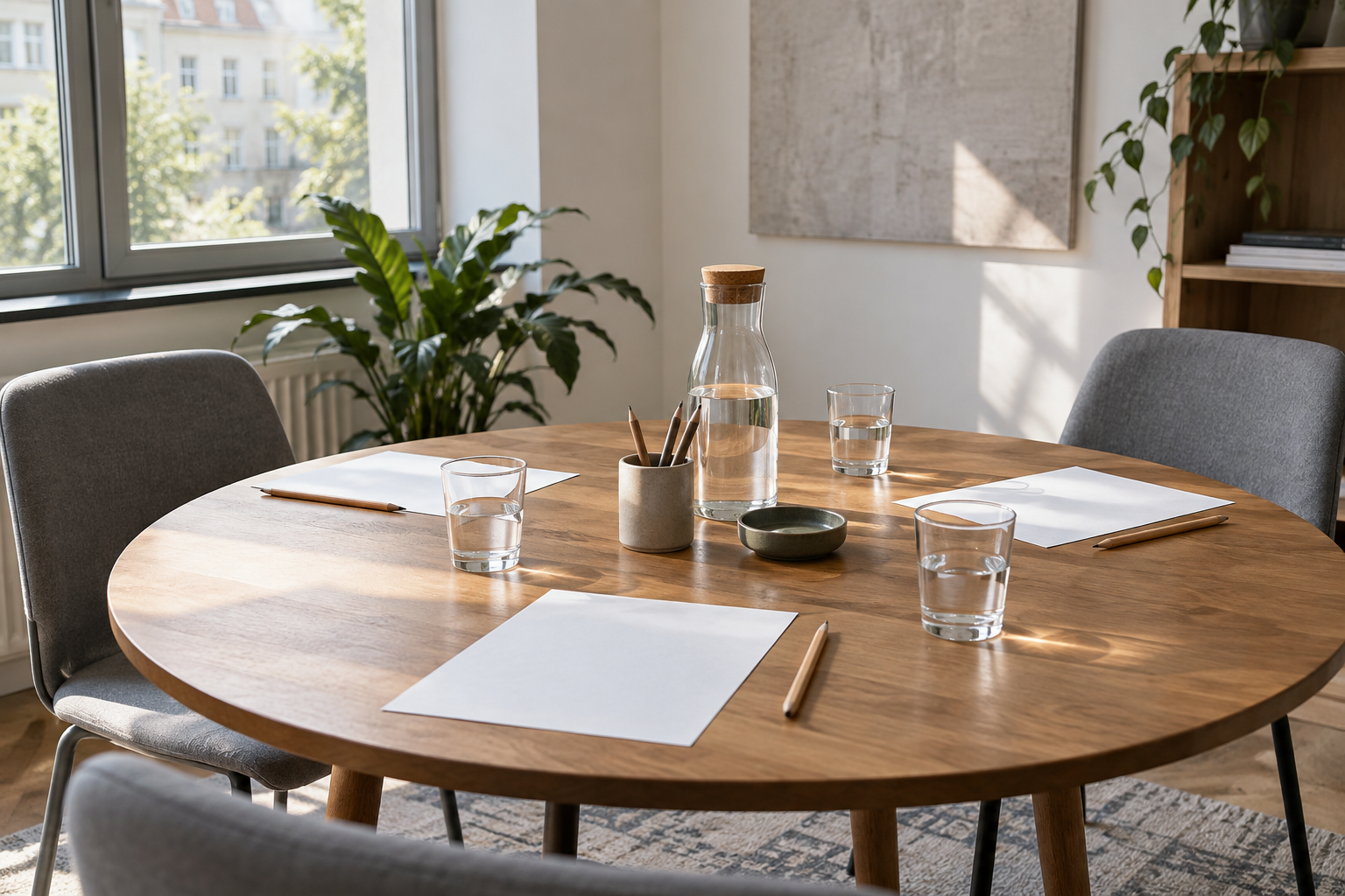Vorbereiteter Besprechungstisch mit Notizpapier und Wasser