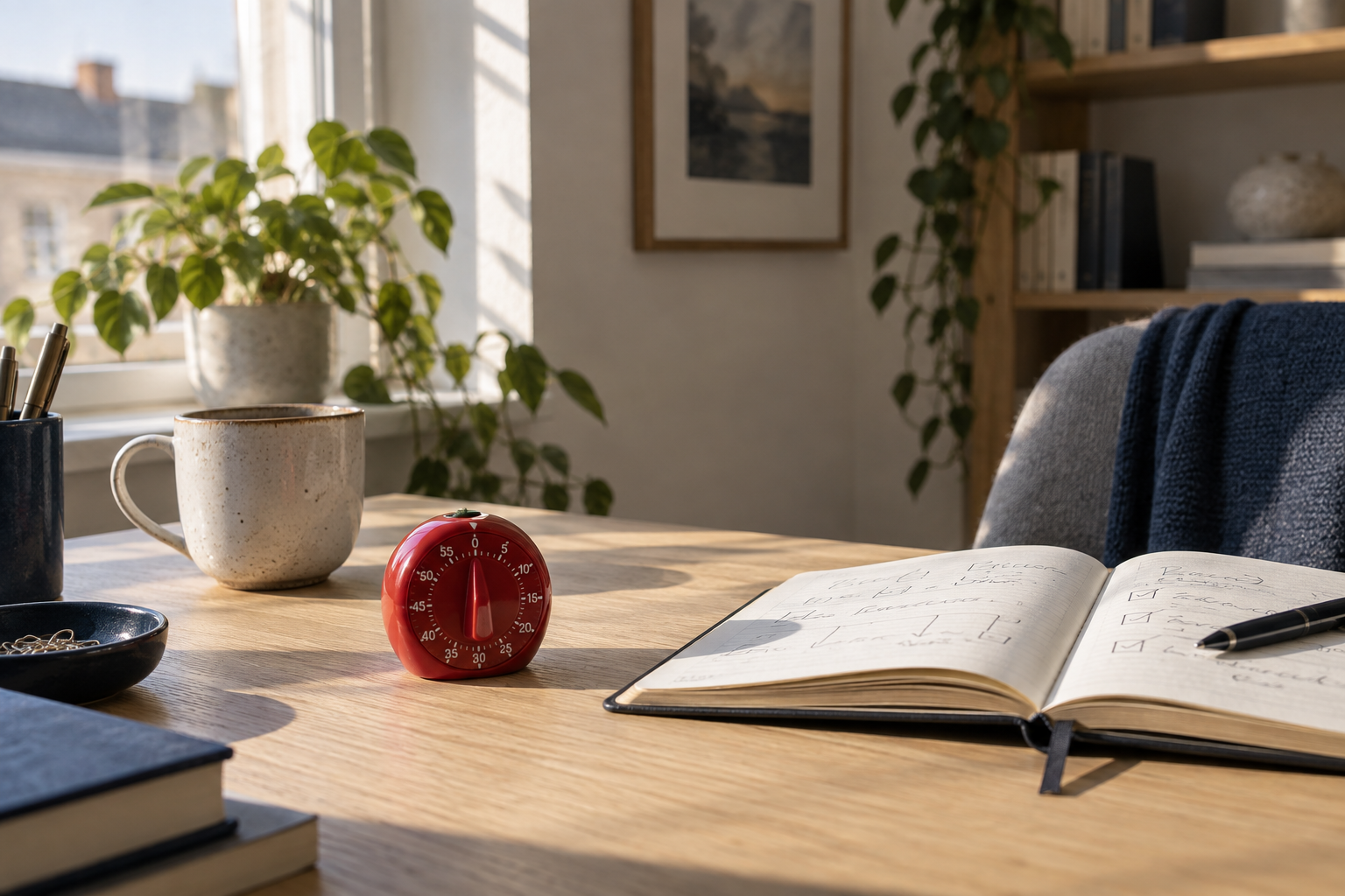 Arbeitsplatz mit analogem Timer und Notizbuch