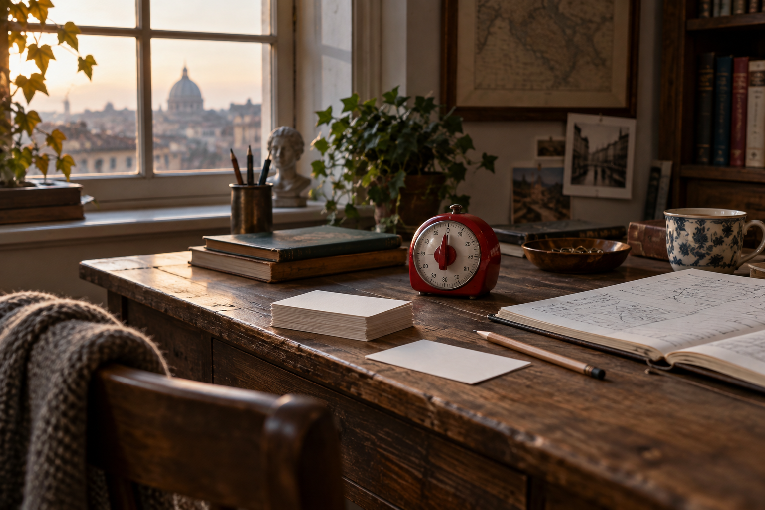 Arbeitszimmer mit Timer und Notizkarten