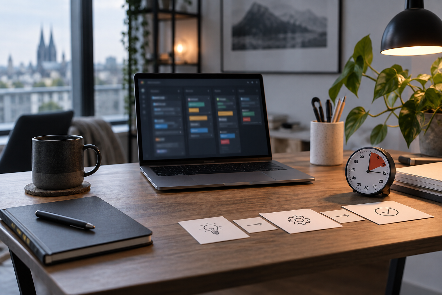 Arbeitsplatz mit Laptop und analogem Timer
